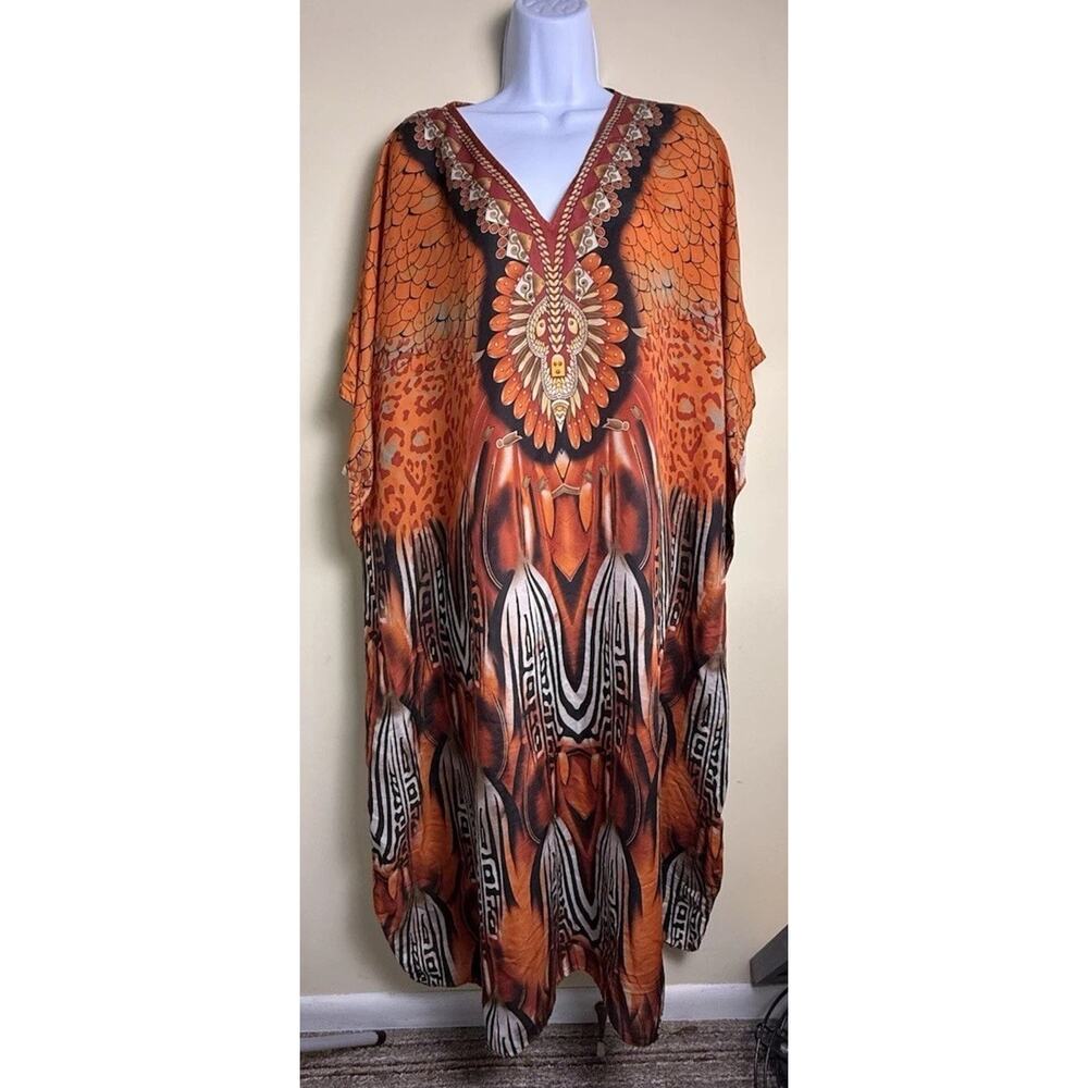 Midnight Velvet Kaftan Muumuu One size fits most orange black graphic Boho